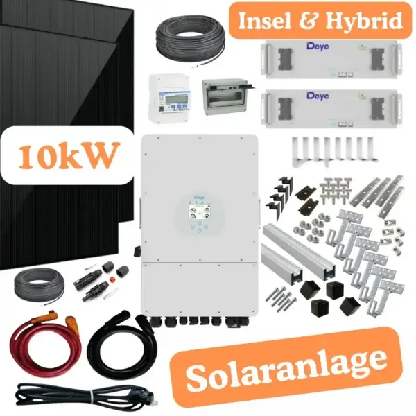 10 kWp Hybrid Inselanlage 15 kWh Speicher Full Black Glas-Glas Solarmodule Komplettes Montagesystem